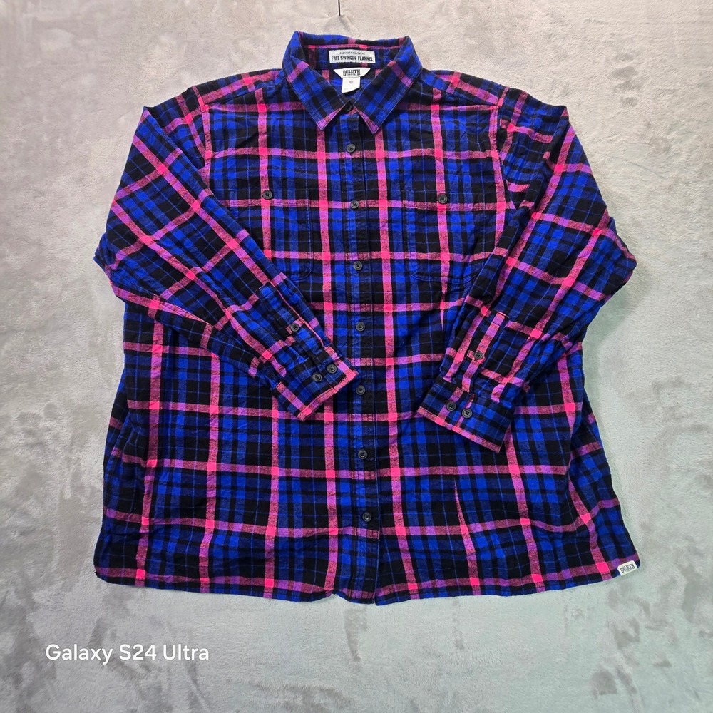 Duluth Trading Co Free Swingin Flannel Shirt 2X Blue Pink Plaid Cotton Button Up